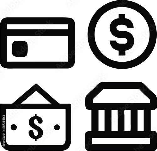 Financial payment methods like credit card, coin, shop, and bank are shown in black