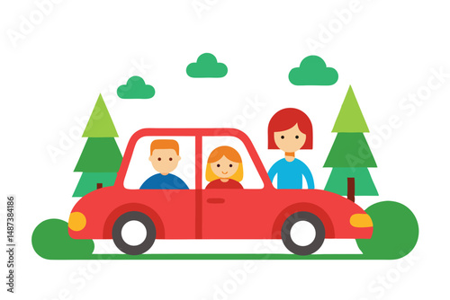 Family rides in red car surrounded by stylized trees and clouds