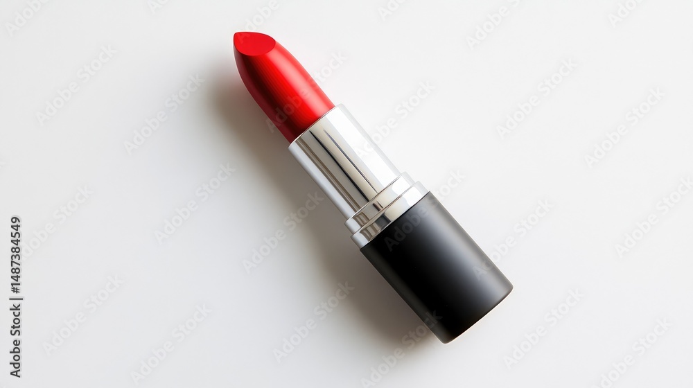 A classic red lipstick with its cap off, lying diagonally on a pure white background A classic red lipstick with its cap off, lying diagonally on a pure white background