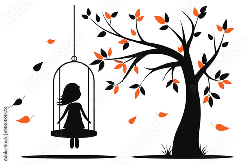 Girl on swing with leaves falling from the tree shows autumn scene