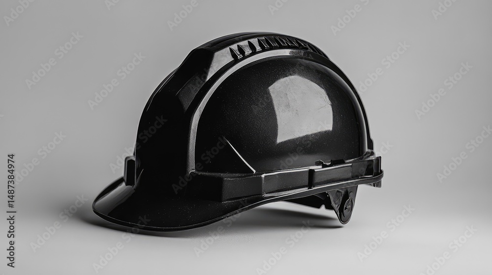 Fototapeta premium Black engineer safety helmet with subtle textured detail shown against plain white