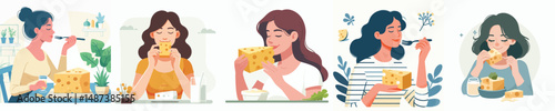 vector woman eating cheese
