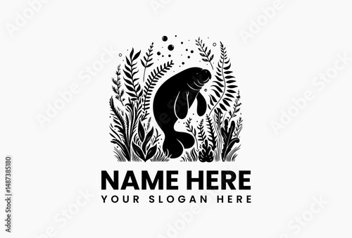 Monochrome silhouette of a happy manatee swimming peacefully amongst various aquatic plants and rising bubbles on a white backdrop. Marine life illustration concept
