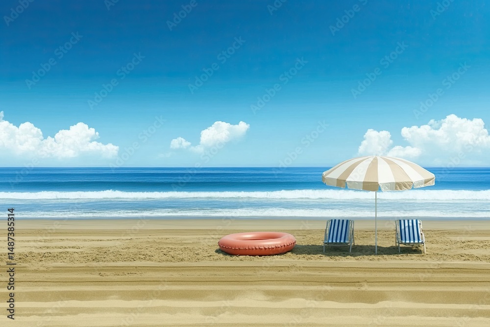 Obraz premium Beach umbrella with chairs, inflatable ring on sandy beach. summer holiday concept