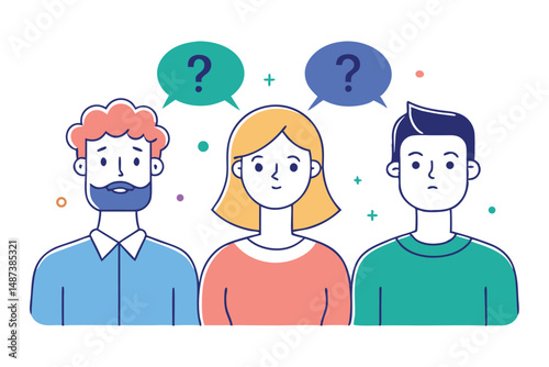 Group of people show confusion about a subject with question mark icons above them