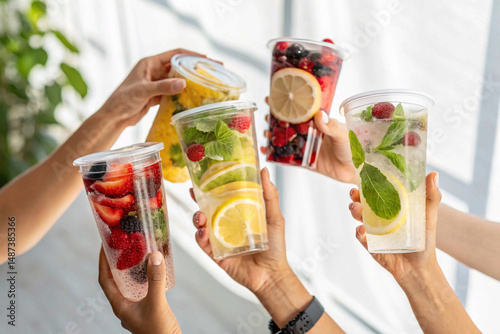Many hands with infused water on light background