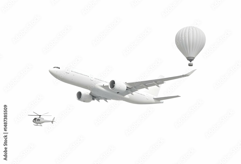 Fototapeta premium Minimalist flat illustration of air transportation including airplane, helicopter, hot air balloon, and drone, isolated on white background, simple modern vector style, smooth lines, pastel color tone