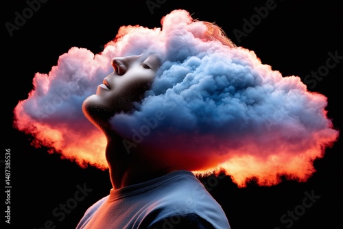 Abstract concept showing a man's head with colorful swirling clouds, representing innovative ideas, consciousness, or dreaming mind for conceptual illustration.
