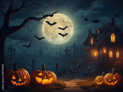 Halloween pumpkin, bats,scary house background