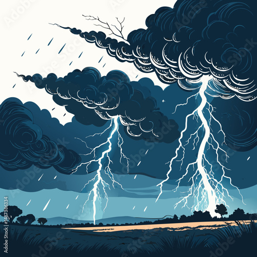 Create a vector illustration of a bold, stormy sky with dark, swirling clouds and dramatic lighting.  Include multiple shades of grey and blue.