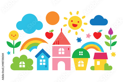 Happy yellow sun shines above colorful houses, rainbows, clouds and flowers creating a joyful scene