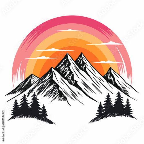 Create a bold, vector illustration of a sunrise over majestic mountains, emphasizing strong lines and vibrant color gradients.