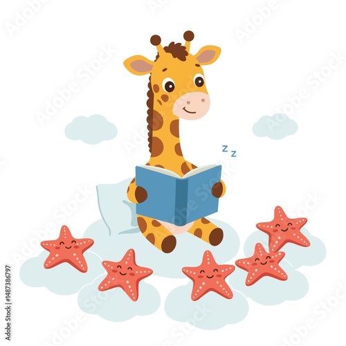 Cute giraffe reading a book among smiling starfish on fluffy clouds on white background