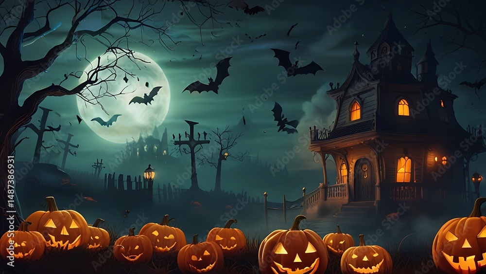 Fototapeta premium Halloween pumpkin, bats,scary house background