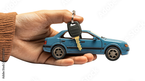 Hand holding a toy car, a miniature vehicle, on a PNG  white background suggests auto or transportation business .