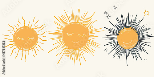 Set of three hand drawn sun illustrations with various rays and smiling faces, simple doodle style sun icons for summer, sunshine concepts, and nature designs