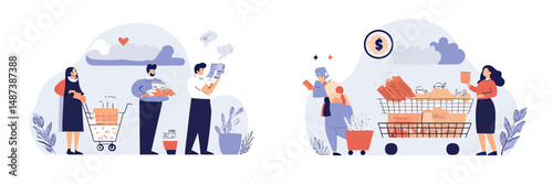 Flat minimalist vector illustration of diverse people shopping groceries in supermarket with worried expressions about rising prices and inflation impact on food costs