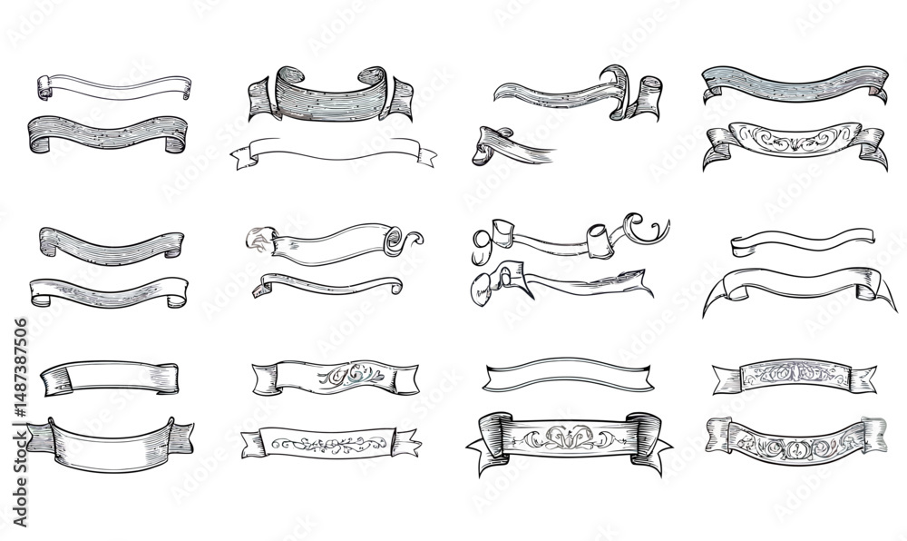 Set of 16 hand-drawn vintage banner and ribbon designs with ornamental scrollwork and curved edges in black outline vector style for decoration and graphic accents