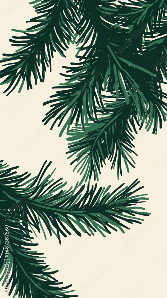 Obraz premium Detailed flat vector illustration of green pine tree branches with needles in minimalist style on light background for nature design and seasonal decoration