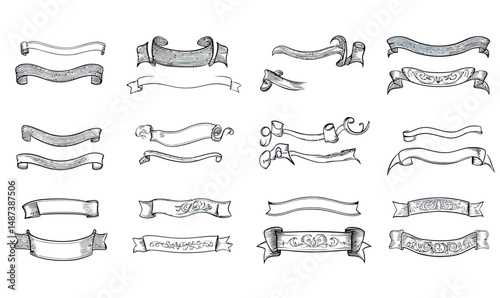 Set of 16 hand-drawn vintage banner and ribbon designs with ornamental scrollwork and curved edges in black outline vector style for decoration and graphic accents