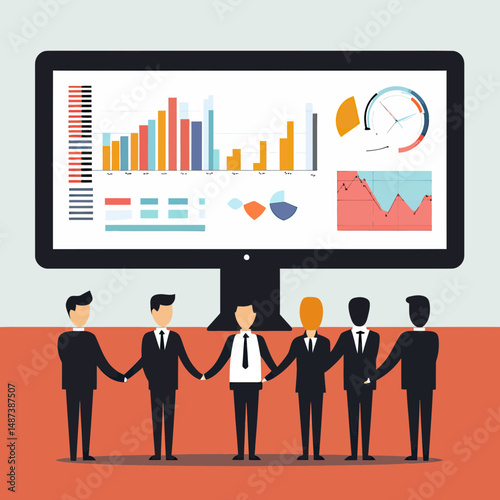 Business team standing united in front of large computer monitor displaying colorful charts graphs and performance data in flat minimalist vector style