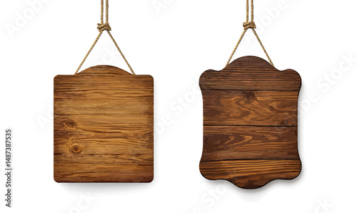 Blank rustic wooden sign boards hanging with rope, natural textured wood panels for vintage signage or decoration isolated on white background vector illustration