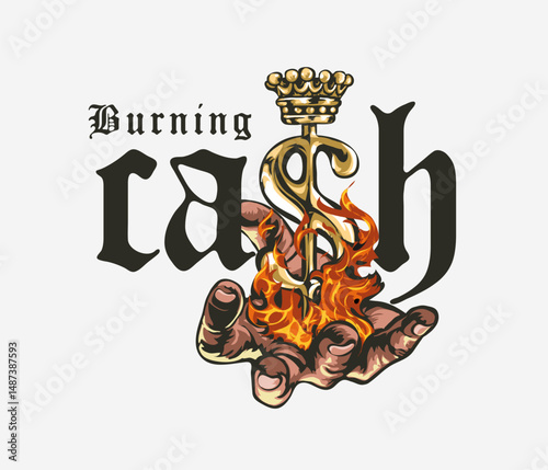 burning cash slogan gold chrome letter in fire hand vector illustration 