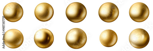 Set of ten metallic gold spheres with various glossy and matte finishes isolated on white background vector illustration in minimalist flat style for design and decoration concepts
