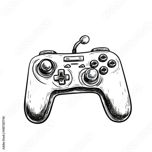 Hand drawn detailed black and white sketch of video game console controller with joysticks, buttons, directional pad, and wire isolated on white background vector illustration
