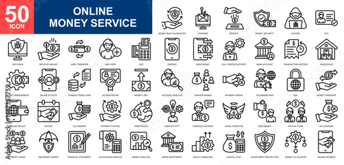 Online Money Service icon set collection. Money transfer, online transaction, digital service, online service, online banking icon. Simple line vector.