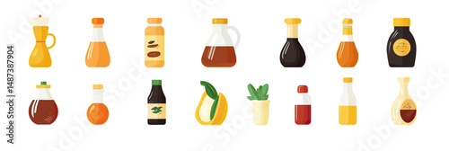 Set of flat minimalist vector icons depicting various pantry staples and condiments including oil, vinegar, syrup, soy sauce, honey, mustard, ketchup, mayonnaise, and coffee in glass bottles and jars