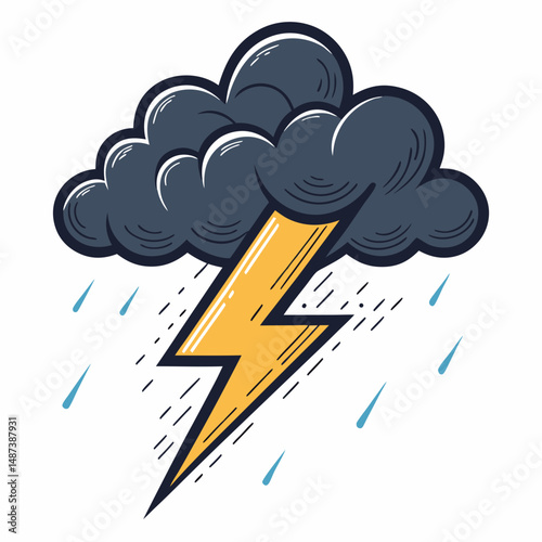 Create a vector illustration of a bold, stylized thunderstorm cloud with heavy, dark outlines.  Emphasis on dramatic, thick strokes.