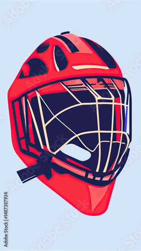 Red ice hockey goalie helmet with protective metal cage and ventilation holes in minimalist flat vector style illustration on light background