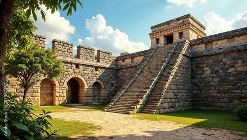 Sun-drenched Mayan palace, intricate stonework details visible , ancient city, monument