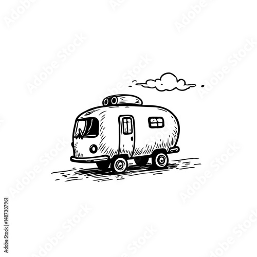 Whimsical journey: Hand-drawn retro caravan beneath a playful cloud formation