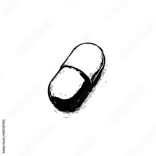 Monochrome illustration of a medication capsule rendered with artistic lines
