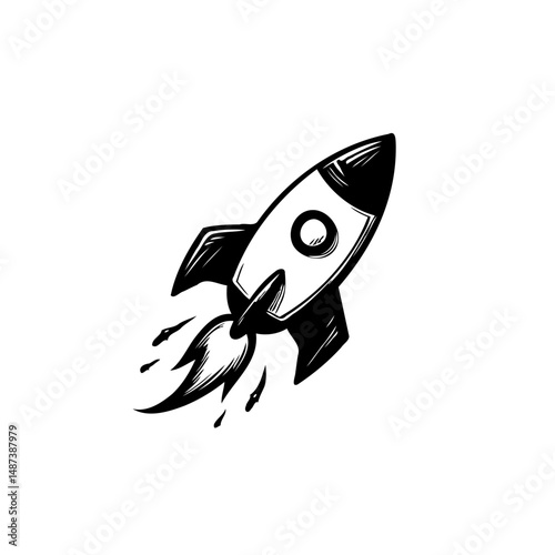 Monochromatic Rocket Launching with Sketchy Style Illustration on Plain Background