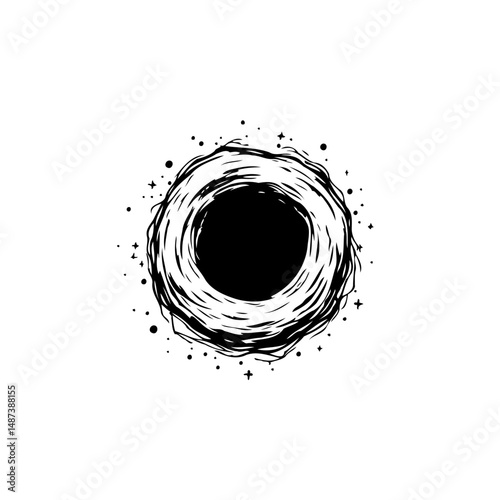 Whimsical Black Hole Illustration with Hand-Drawn Texture and Cosmic Elements