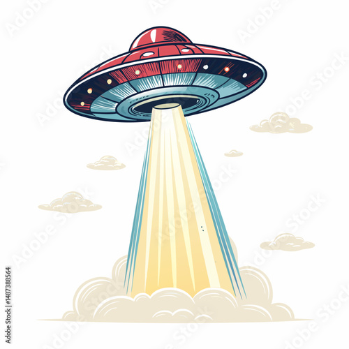 Create a bold, vector illustration of a UFO with a prominent beam of light, set against a night sky.  Emphasis on thick outlines.