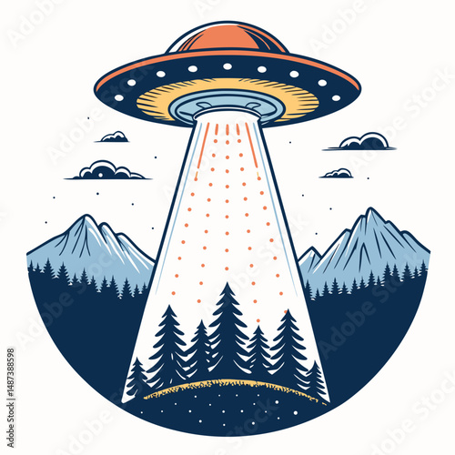 Create a bold vector illustration of a UFO with a prominent beam of light, sharply defined edges, and a vibrant night sky backdrop.