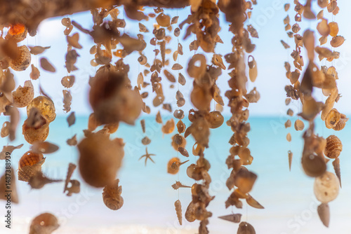Hanging Seashells With Ocean View In Tropical Beach Decor Concept photo