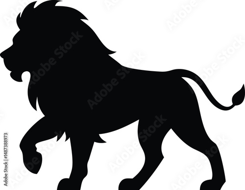 Majestic lion silhouette walking powerfully displays a full mane and a confident stride
