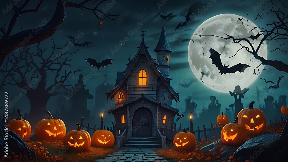 Fototapeta premium Halloween pumpkin, bats,scary house background