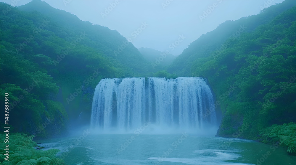 Fototapeta premium Serene waterfall cascading down lush green cliffs in a misty atmosphere, creating a tranquil and picturesque scene.