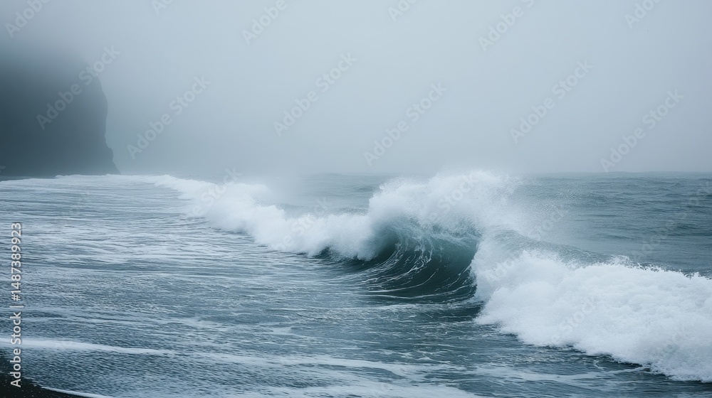 Fototapeta premium Dramatic Ocean Waves Crashing on Rocky Coast in Fog