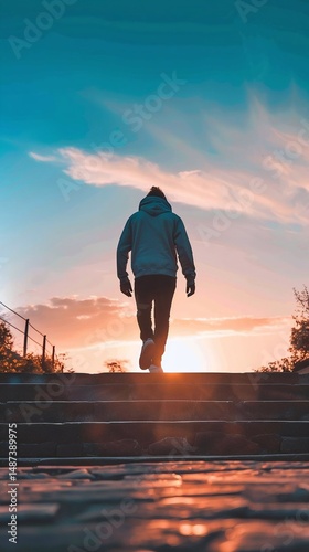 A lone figure ascends stairs, framed against a warm sunset with long shadows, their purposeful stride evoking a sense of tranquility and determination.