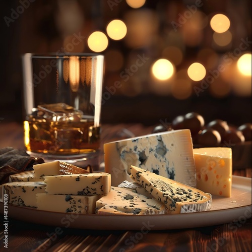 A plate of various cheeses, including blue cheese and cheddar, is showcased with a glass of whiskey in the background, creating a cozy atmosphere.