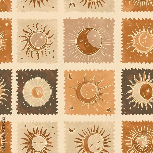 A collection of square stamps featuring unique sun symbols in various styles, arranged in a grid pattern on a rust-colored background with stars and constellations.