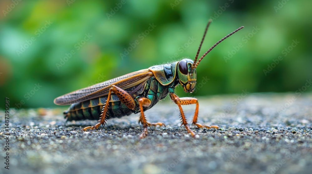 Fototapeta premium A grasshopper with vibrant green and blue wings perched on a stone surface with a blurred green background.