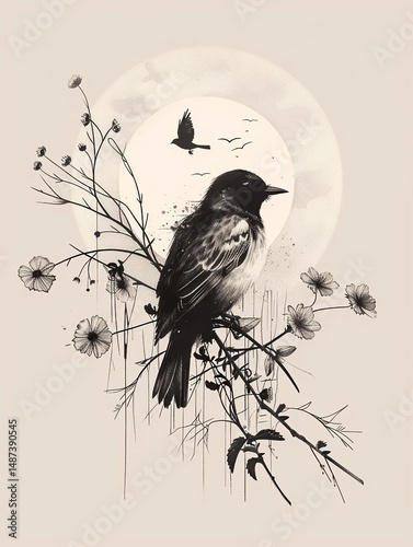 A bird sits on a branch surrounded by flowers, with a moon in the background and another bird flying by.